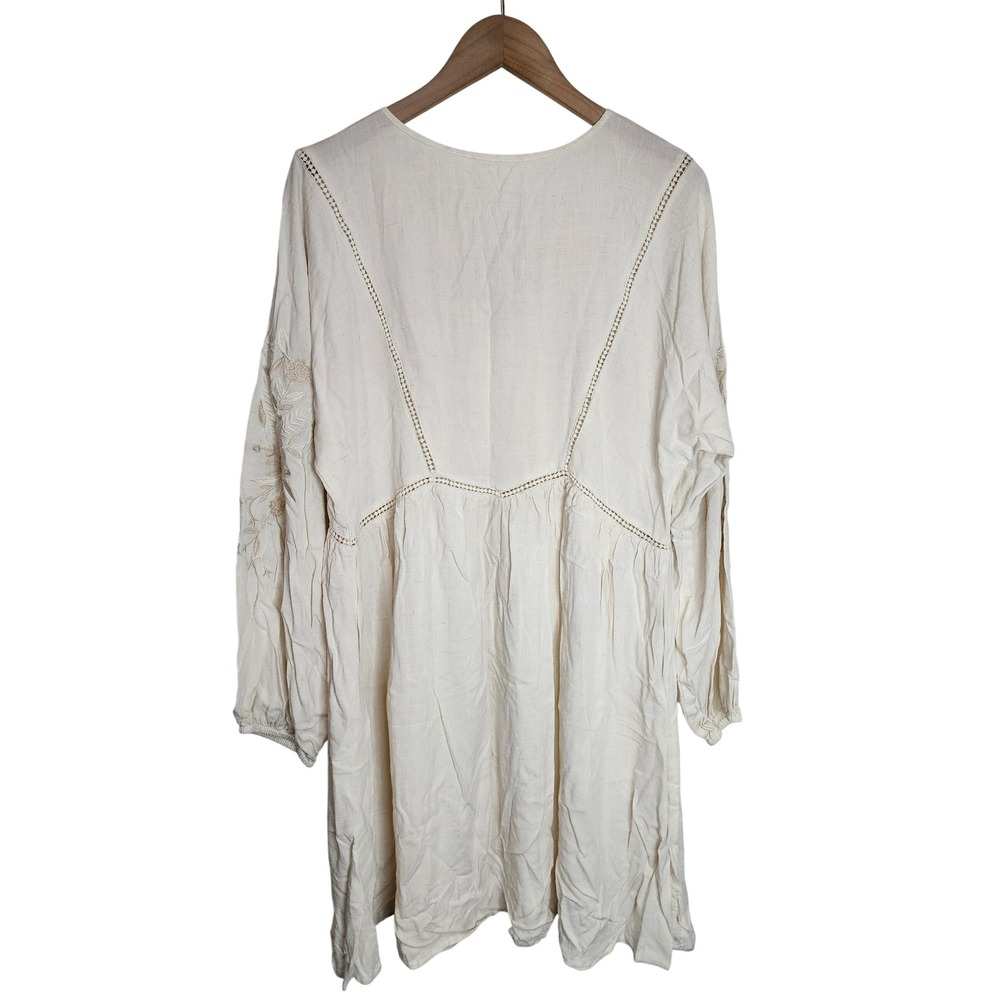 Love Stitch Dress Women's Large Boho Embroidered Linen Blend‎ Cream - Picture 2 of 5